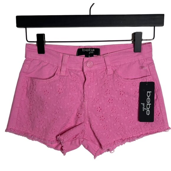 Bebe Shorts Girls Eyelet Embroidered Sz 10 Kids Cut Off Raw Hem Jean Denim Pink - Picture 1 of 10